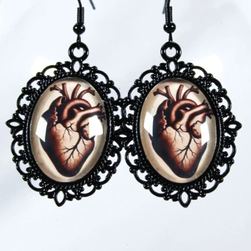 The Crimson Pulse Gothic Victorian Anatomical Heart Earrings Black Metal Cameo